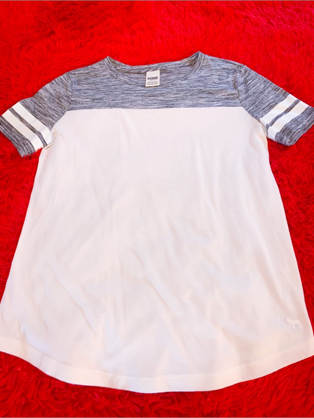 Victoria's Secret PINK White Tee with Heather Gray Yoke and Striped Sleeves